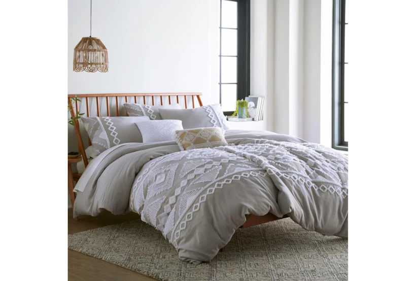 King Comforter-3 Piece Set Tribal Jacquard In Tufted Chenille And Frayed Cotton Grey - 360