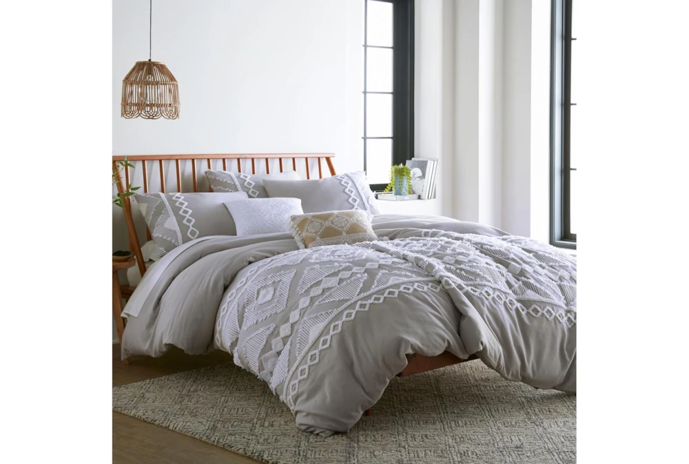 King Duvet-3 Piece Set Tribal Jacquard In Tufted Chenille And Frayed Cottongrey