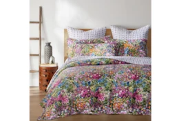 King Quilt-3 Piece Set Reversible Bright Floral Design To B&W Geometric 