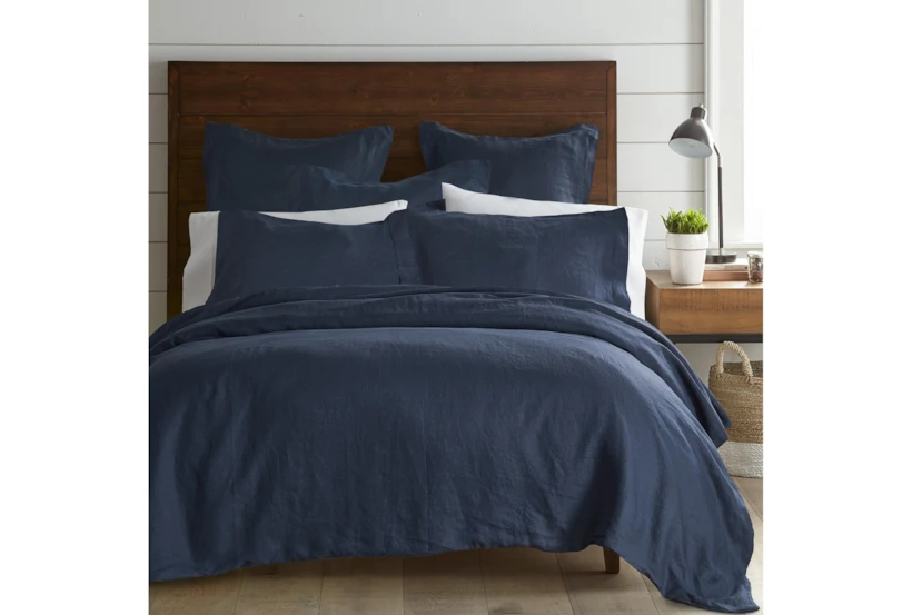 Twin Washed Linen Duvet Cover In Navy - 360