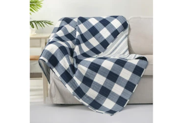 Quilted Throw Reversible Farmhouse Buffalo Plaid To Stripe, Navy