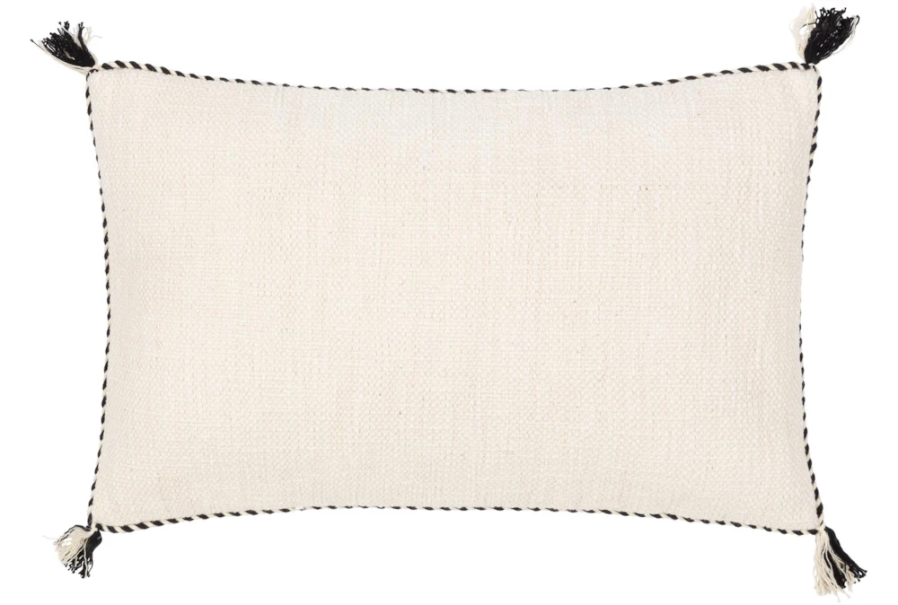 14X22 Cream White + Black Braided Edge Lumbar Throw Pillow With Tassel Corners