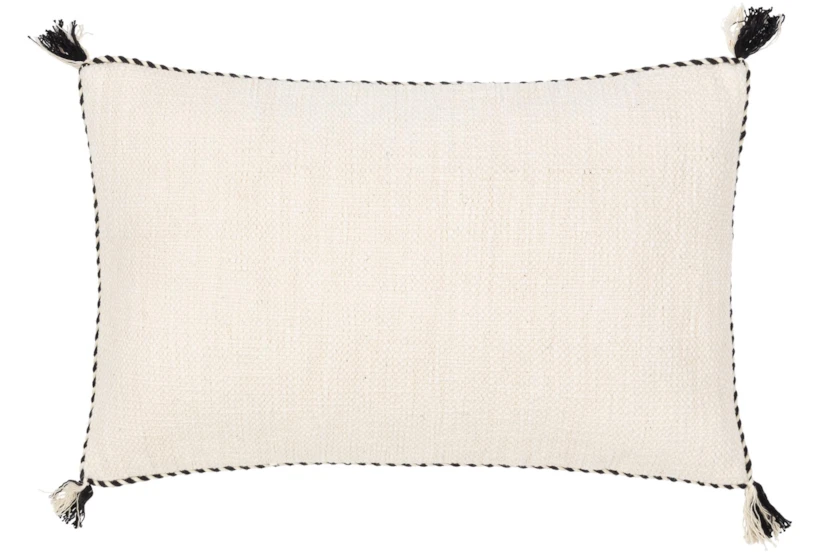 14X22 Cream White + Black Braided Edge Lumbar Throw Pillow With Tassel Corners - 360