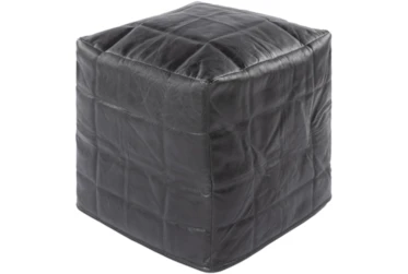 18X18 Black Pieced Leather Square Check Stitched Pouf Ottoman