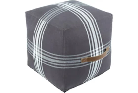 16X16 Charcoal + White Plaid Cube Pouf With Cognac Leather Handle