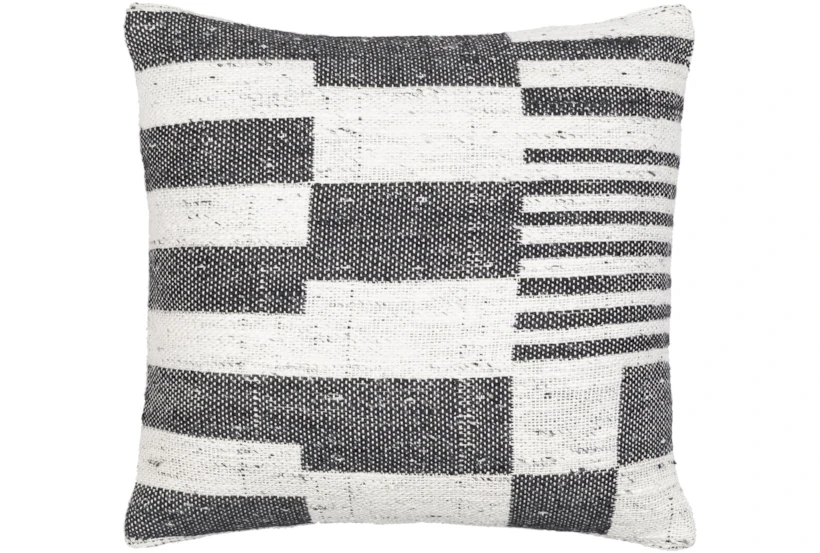 22X22 Charcoal Black + White Woven Broken Stripe Throw Pillow - 360