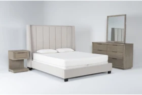Topanga Grey 4 Piece California King Velvet Upholstered Bedroom Set With Pierce Natural Dresser, Mirror + 1-Drawer Nightstand