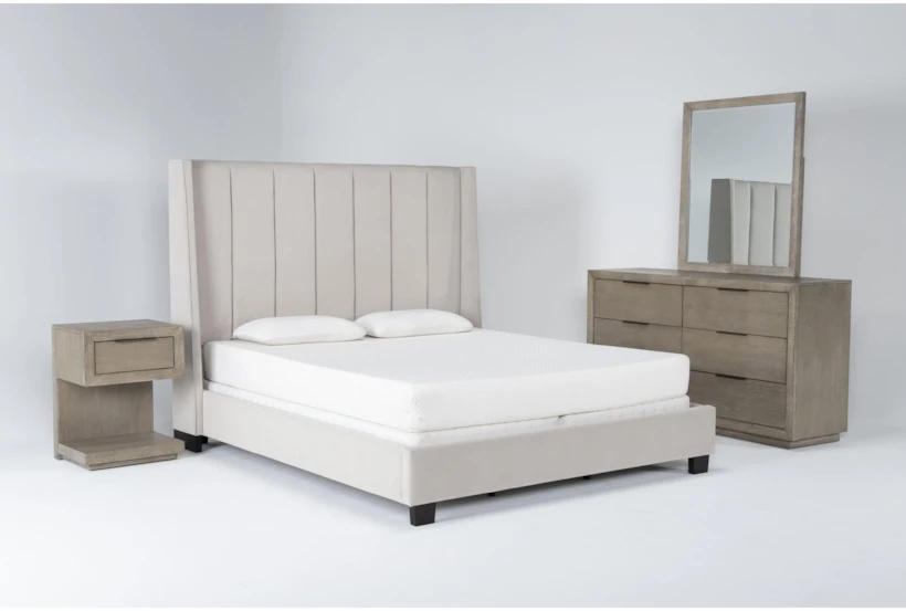Topanga Grey California King Velvet Upholstered 4 Piece Bedroom Set With Pierce Natural Dresser, Mirror + 1-Drawer Nightstand - 360