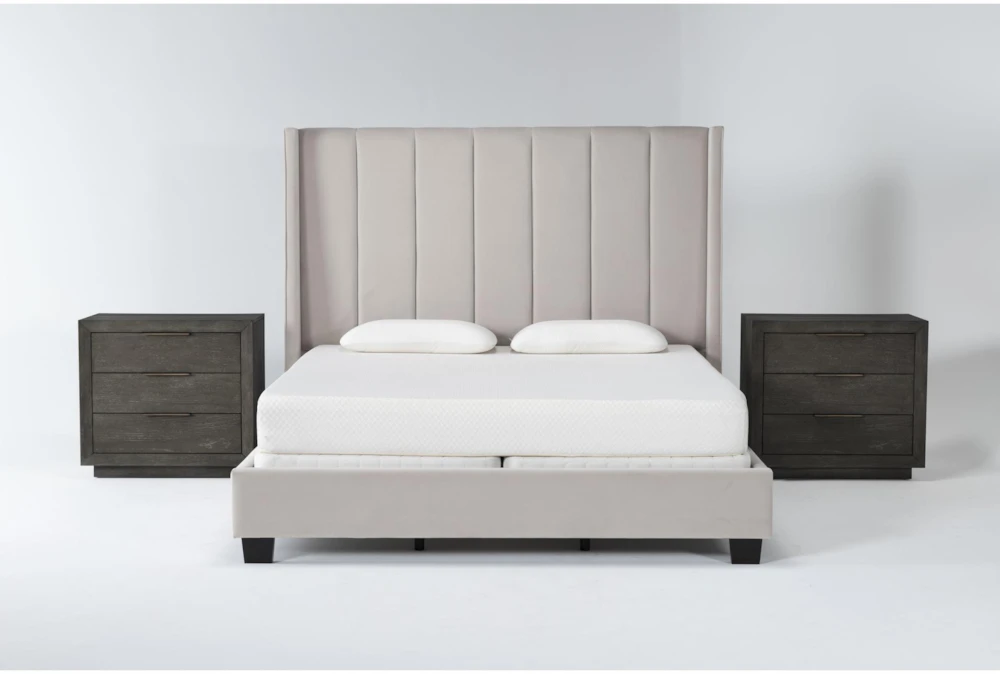 Topanga Grey King Velvet Upholstered 3 Piece Bedroom Set With 2 Pierce Espresso 3-Drawer Nightstands