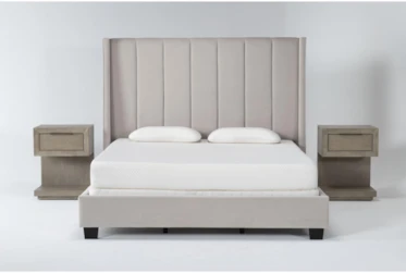 Topanga Grey Queen Velvet Upholstered 3 Piece Bedroom Set With 2 Pierce Natural 1-Drawer Nightstands