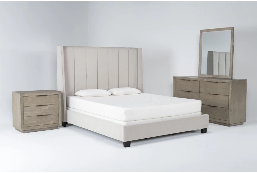 Topanga Grey Queen Velvet Upholstered 4 Piece Bedroom Set With Pierce Natural Dresser, Mirror + 3-Drawer Nightstand