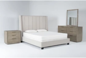 Topanga Grey 4 Piece Queen Velvet Upholstered Bedroom Set With Pierce Natural Dresser, Mirror + 3-Drawer Nightstand
