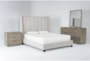 Topanga Grey 4 Piece Queen Velvet Upholstered Bedroom Set With Pierce Natural Dresser, Mirror + 3-Drawer Nightstand - Signature