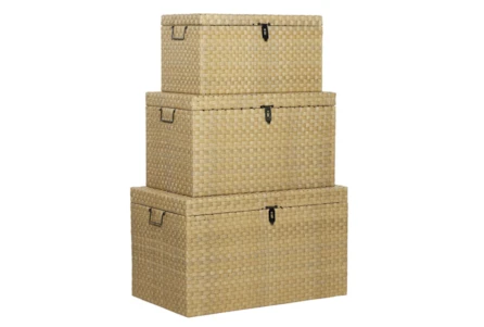 Natural Brown Woven Iron Nesting Or Stacking Trunks Set Of 3