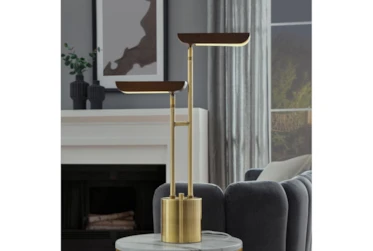 26 Inch Wood + Brushed Brass Two Light Mid Century Task Table Lamp