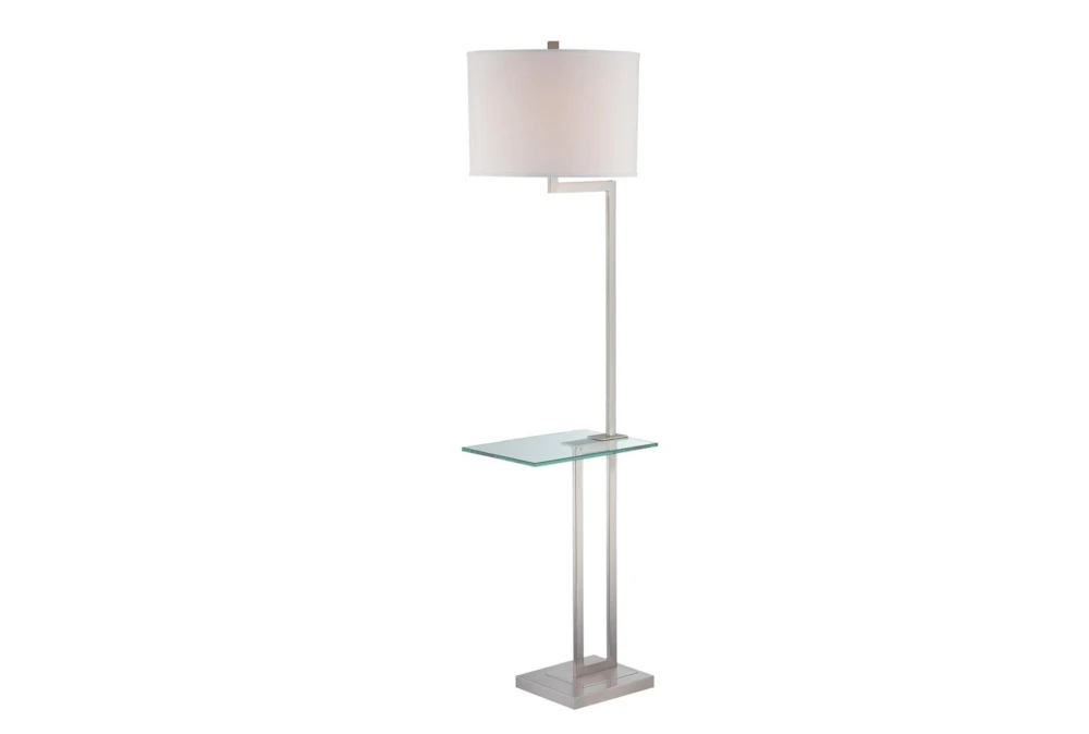 63 Inch Silver Pewter + White Shade Modern Floor Lamp With Glass Table