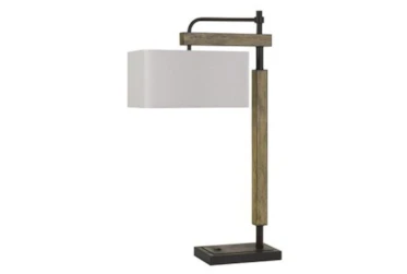32" Metal/Wood Floor Lamp With Linen Rectangle Shade