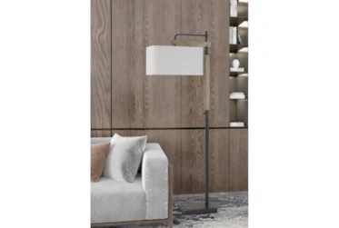 64" Metal/Wood Floor Lamp With Linen Rectangle Shade