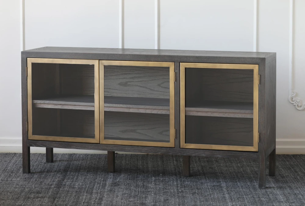 Brown Sideboard With 3 Brass Frame Glass Doors
