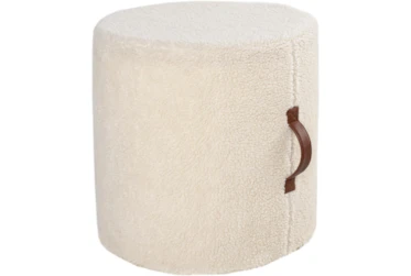 16" Round Cream Faux Fur Floor Pouf With Handle