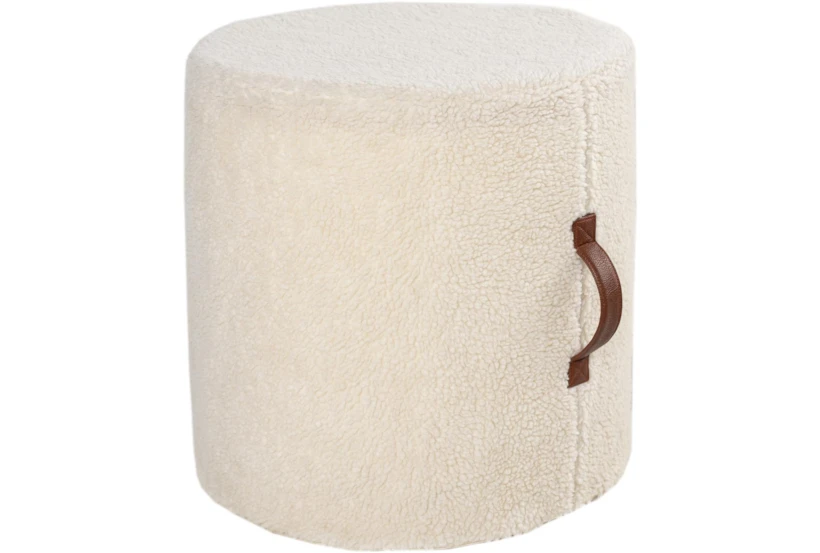 16" Round Cream Faux Fur Floor Pouf With Handle - 360