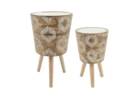 Diamond Pattern Resin Planter With Wood Legs Brown Set Of 2