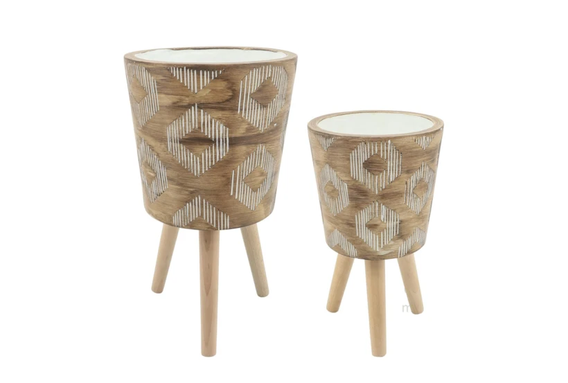 Diamond Pattern Resin Planter With Wood Legs Brown Set Of 2 - 360