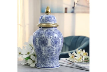 14.5 Inch Temple Jar W/ Dahlia Flower Blue & White W/ Gold Trim