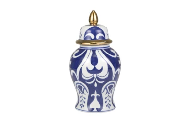 Modern Temple Jar, White & Blue W/ Gold Trim