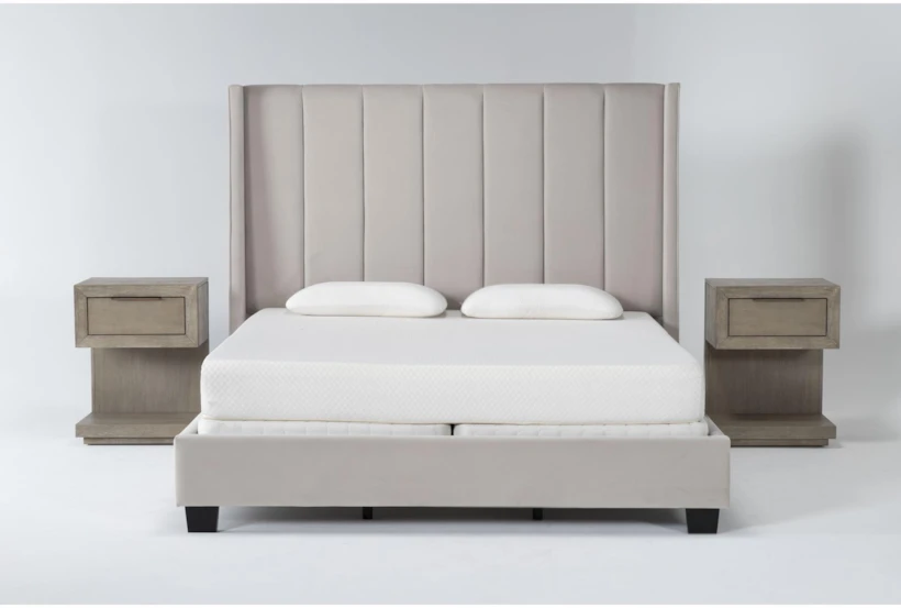 Topanga Grey California King Velvet Upholstered 3 Piece Bedroom Set With 2 Pierce Natural 1-Drawer Nightstands - 360