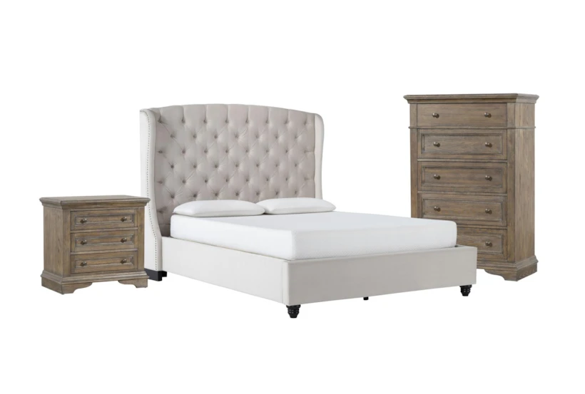 Mariah California King Velvet Upholstered 3 Piece Bedroom Set With Chapman Chest Of Drawers + 3-Drawer Nightstand - 360
