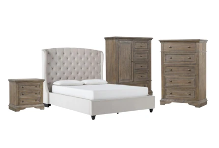 Mariah 4 Piece California King Velvet Upholstered Bedroom Set With Chapman Chest Of Drawers, Wardrobe + 3-Drawer Nightstand