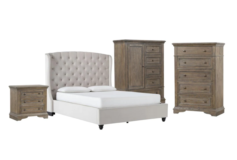 Mariah 4 Piece California King Velvet Upholstered Bedroom Set With Chapman Chest Of Drawers, Wardrobe + 3-Drawer Nightstand - 360