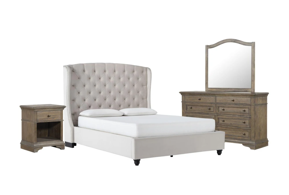 Mariah 4 Piece California King Velvet Upholstered Bedroom Set With Chapman Dresser, Mirror + 1-Drawer Nightstand