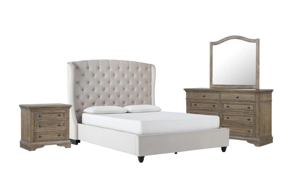 Mariah 4 Piece California King Velvet Upholstered Bedroom Set With Chapman Dresser, Mirror + 3-Drawer Nightstand