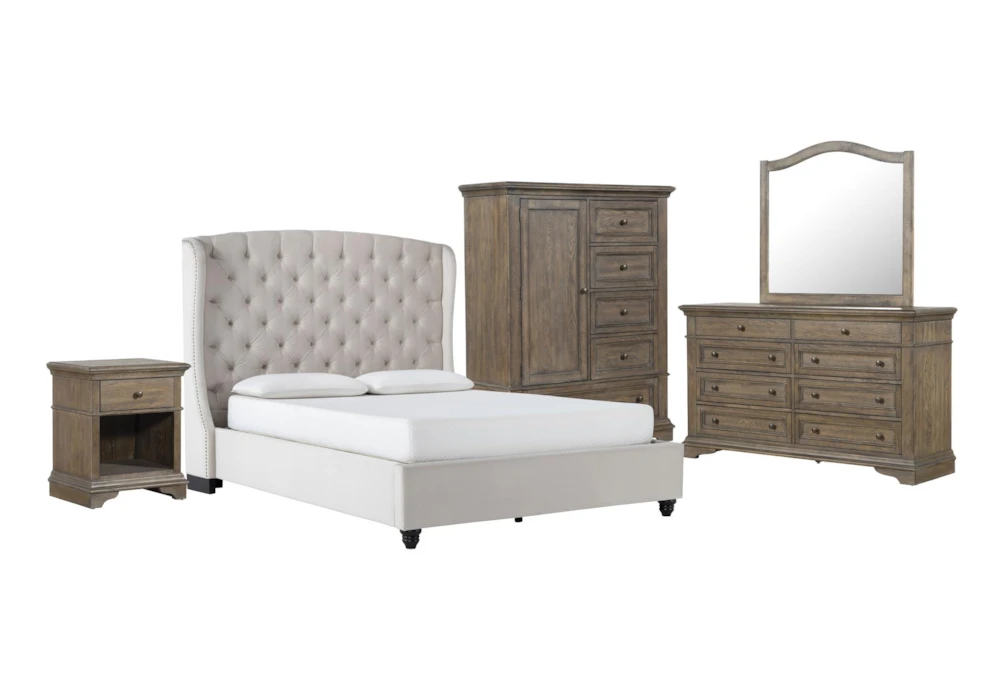 Mariah 5 Piece California King Velvet Upholstered Bedroom Set With Chapman Dresser, Mirror, Wardrobe + 1-Drawer Nightstand