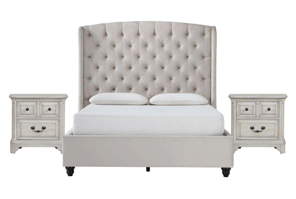 Mariah California King Velvet Upholstered 3 Piece Bedroom Set With 2 Kincaid 2-Drawer Nightstands