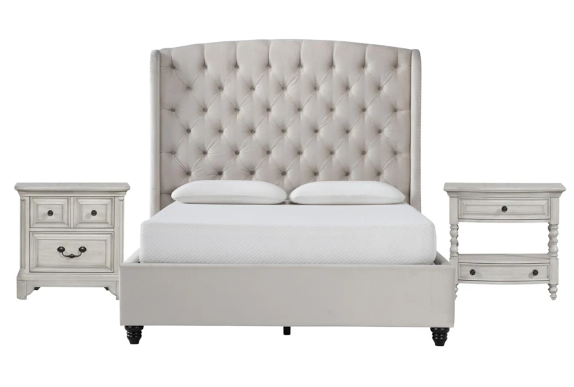Mariah California King Velvet Upholstered 3 Piece Bedroom Set With Kincaid 2-Drawer Nightstand + Open Nightstand - 360