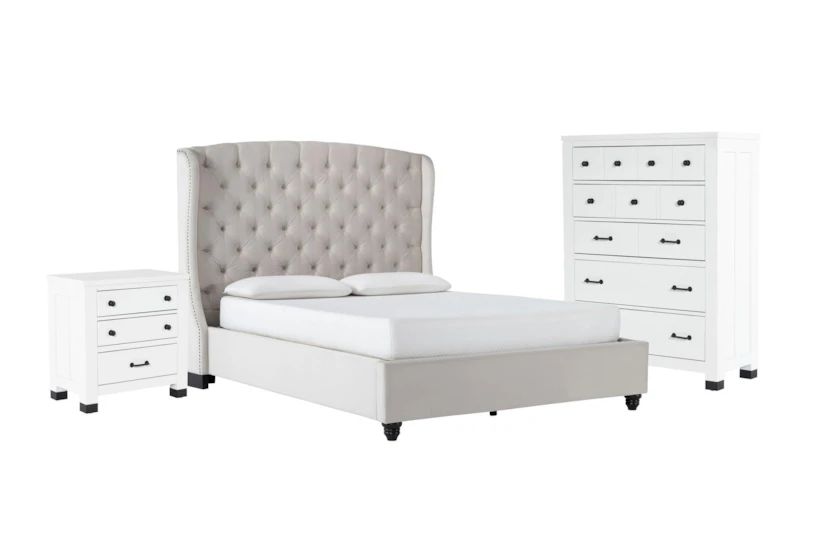 Mariah 3 Piece California King Velvet Upholstered Bedroom Set With Wade Chest Of Drawers + Nightstand - 360