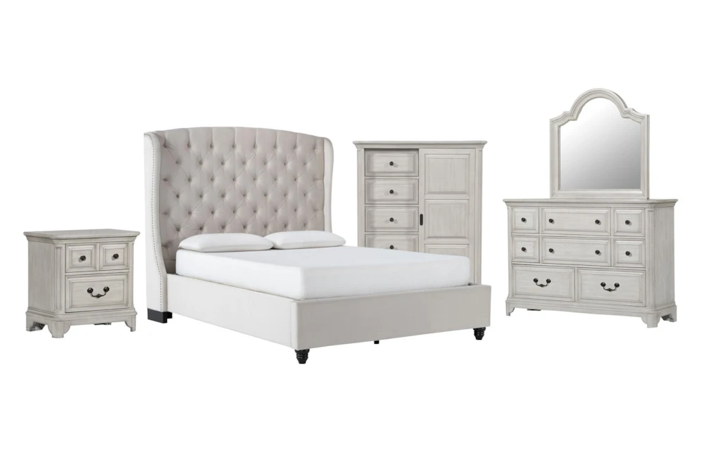 Mariah King Velvet Upholstered 5 Piece Bedroom Set With Kincaid Dresser, Mirror, Wardrobe + 2-Drawer Nightstand