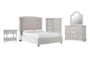 Mariah King Velvet Upholstered 5 Piece Bedroom Set With Kincaid Dresser, Mirror, Wardrobe + Open Nightstand - Signature