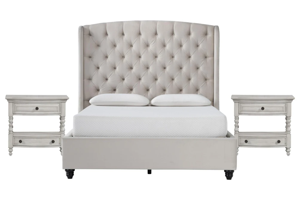Mariah King Velvet Upholstered 3 Piece Bedroom Set With 2 Kincaid Open Nightstands
