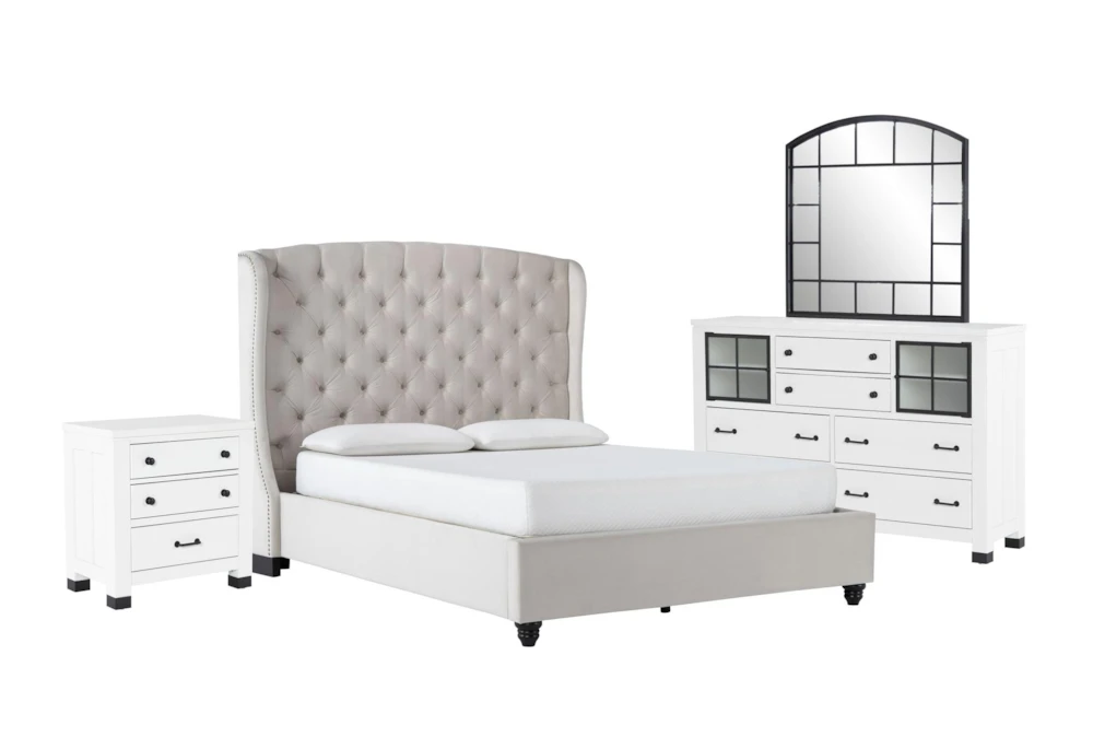 Mariah King Velvet Upholstered 4 Piece Bedroom Set With Wade Dresser, Mirror + Nightstand