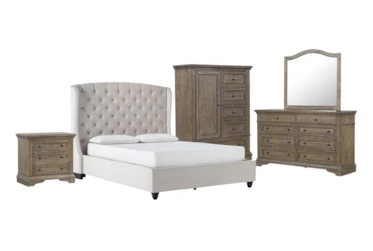 Mariah 5 Piece Queen Velvet Upholstered Bedroom Set With Chapman Dresser, Mirror, Wardrobe + 3-Drawer Nightstand