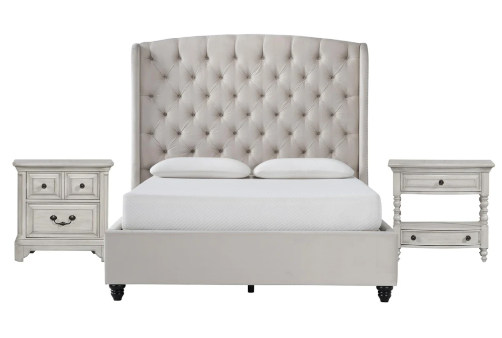 Mariah 3 Piece Queen Velvet Upholstered Bedroom Set With Kincaid 2-Drawer Nightstand + Open Nightstand