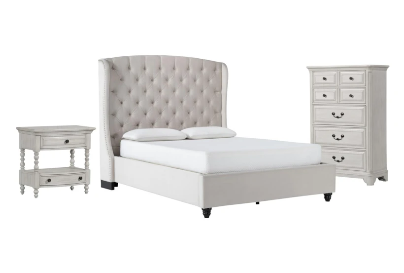 Mariah 3 Piece Queen Velvet Upholstered Bedroom Set With Kincaid Chest Of Drawers + Open Nightstand - 360