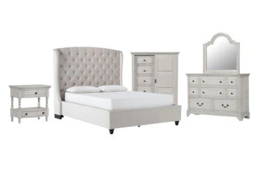 Mariah 5 Piece Queen Velvet Upholstered Bedroom Set With Kincaid Dresser, Mirror, Wardrobe + Open Nightstand