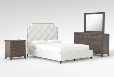Sophia II California King Upholstered Panel 4 Piece Bedroom Set With Candice II Dresser, Mirror + 3-Drawer Nightstand