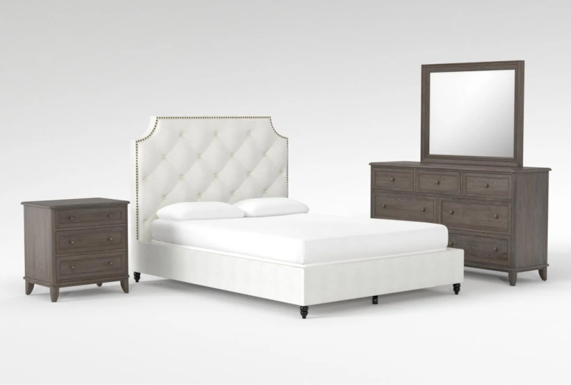 Sophia II California King Upholstered Panel 4 Piece Bedroom Set With Candice II Dresser, Mirror + 3-Drawer Nightstand - 360