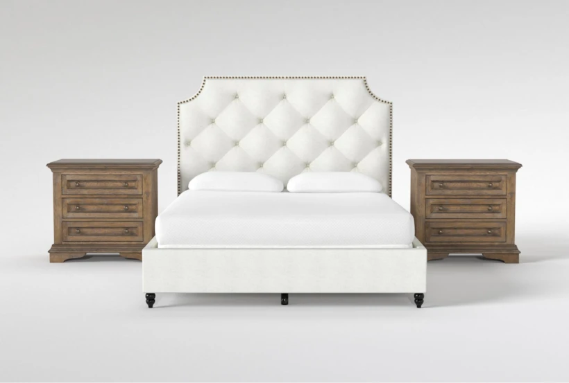 Sophia II 3 Piece California King Upholstered Panel Bedroom Set With 2 Chapman 3-Drawer Nightstands - 360